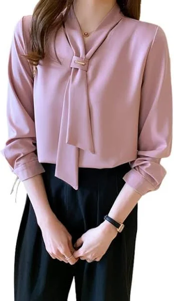 PINKHub Women's Elegant Tie Neck Long Sleeve V-Neck Chiffon Blouse